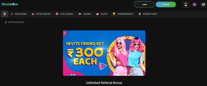 Khelo24Bet unlimited referral bonus - invite friend get ₹300 each