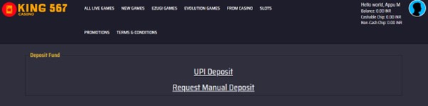 Screenshot of the Deposit section at King567