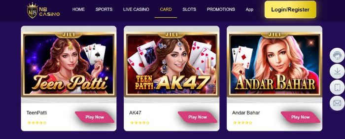 Screenshot of the Card section on N8 Casino