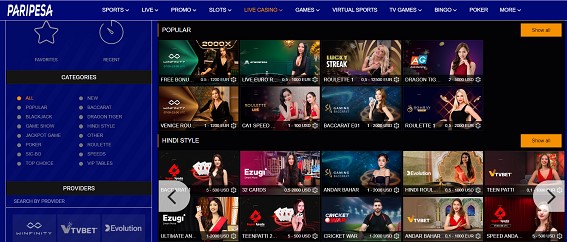 Screenshot of the live casino section on PariPesa