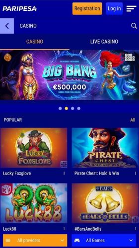 Screenshot of the PariPesa casino section on mobile