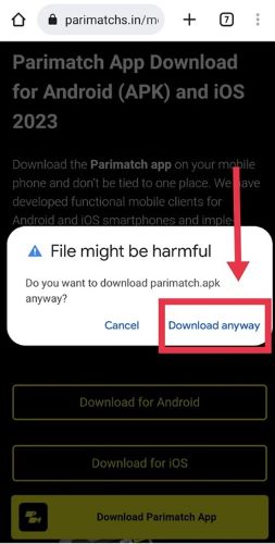 Screenshot asking if you want to download anyway the Parimatch app for Android