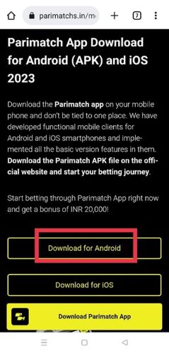 Screenshot to download the Parimatch app for Android