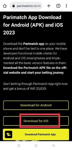 Screenshot to download the Parimatch app for iOS