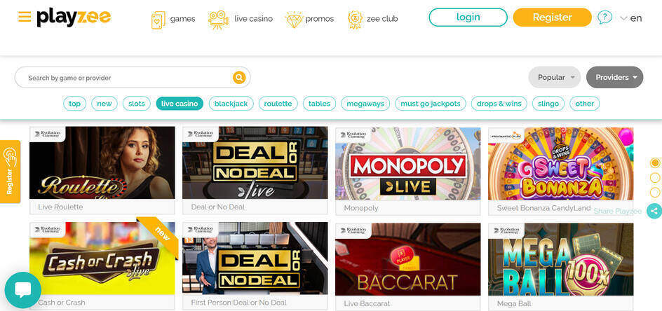 Screenshot of the Live Casino section at Playzee