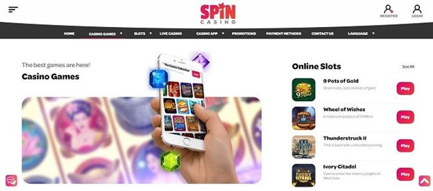 A screenshot of best games on Spin Casino