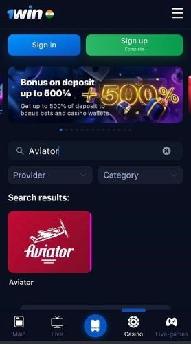 Screenshot of the 1win mob app, showing Aviator in the Search results