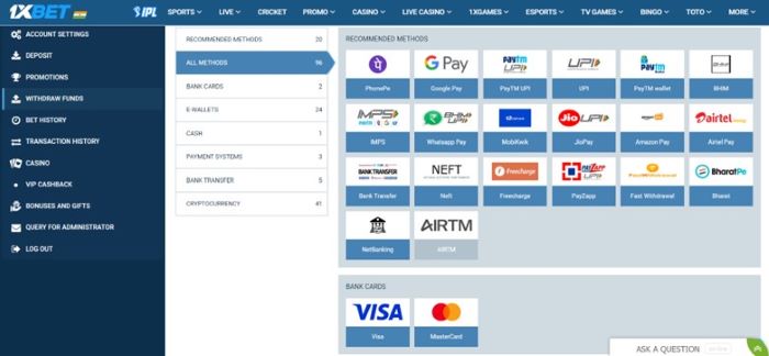 Screenshot showing the recommended instant withdrawal methods on 1xBet