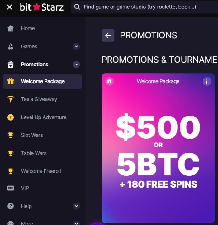 Promotions section on BitStarz showing the Welcome Package offered