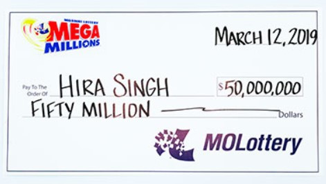 A screenshot of a USD 50,000 cheque to Hira Singh for winning with Mega Millions