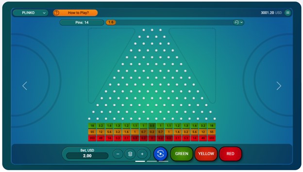 Screenshot of the Plinko game on Spribe