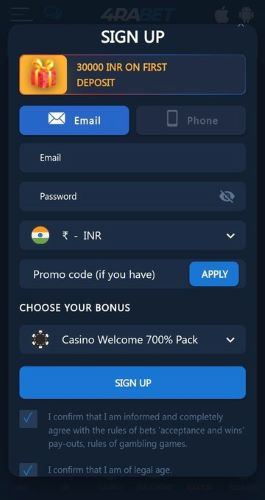Screenshot when signing up with 4rabet from their mobile application