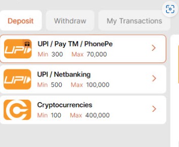 Screenshot showing the deposit methods accepted at BetShah, and the minimum and maximum amounts deposits