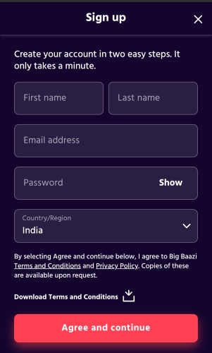 Screenshot of the Sign Up step at Big Baazi