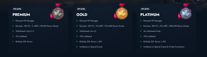 Screenshot showing the VIP levels at BlueChip.io, which are Premium, Gold, and Platinum