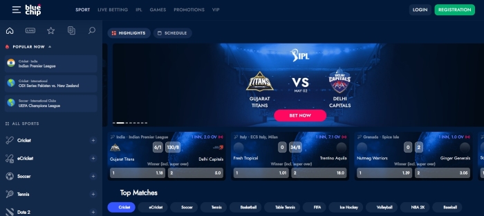 Screenshot showing the Sport section at BlueChip.io