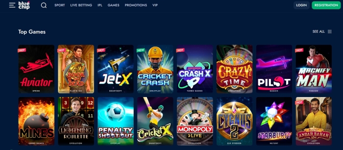 Screenshot showing the Top Games section at BlueChip.io