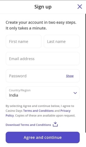 Screenshot of the sign up process on Casino Days on mobile