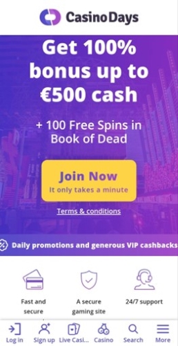 Screenshot of the home page of Casino Days on mobile