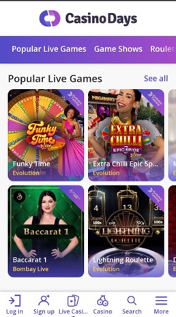 Screenshot of the Popular Live Games section on Casino Days on mobile