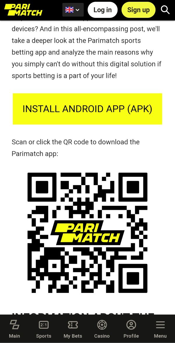 Screenshot explaining how to install the Android app (APK format) on Parimatch