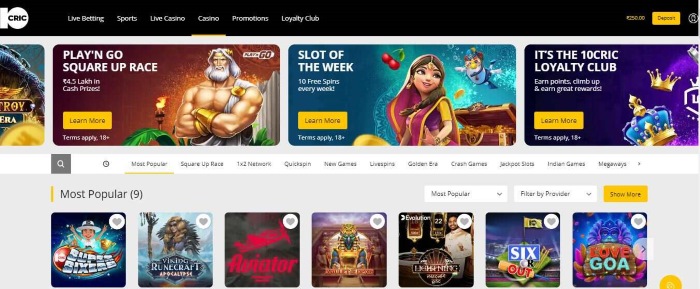 Screenshot of the Casino section at 10CRIC, showing the Most Popular games