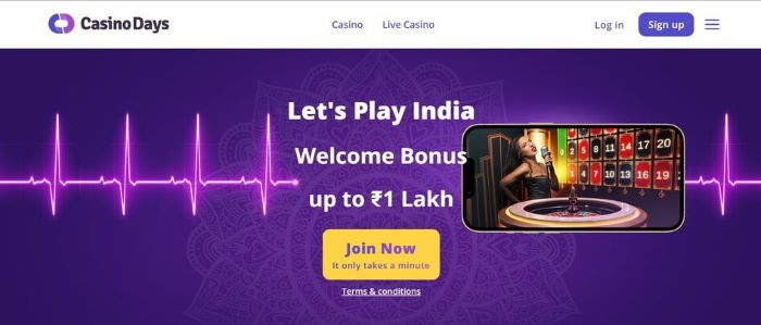 Screenshot of the Welcome Bonus at Casino Days: Up to ₹1 Lakh