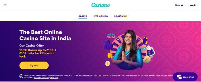 Screenshot of the Casino Offer at Casumo: 150% bonus up to ₹15k + ₹101 daily for 7 days for luck