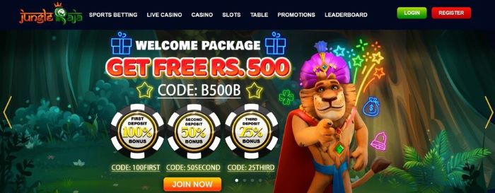 Screenshot of the Welcome Package at Jungle Raja: Get free Rs. 500 with code B500B, with different % bonuses