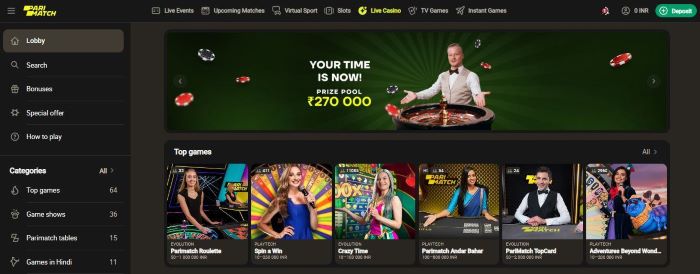 Screenshot of the Live Casino Lobby at Parimatch