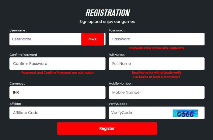 Screenshot of the Registration window at UW88