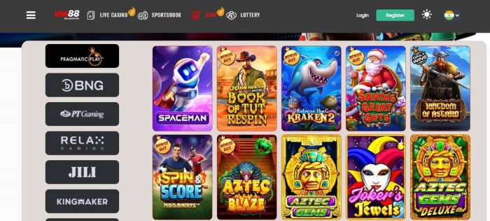 Screenshot of the Slots section at UW88