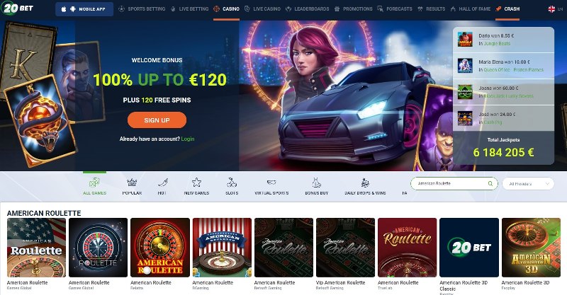 A screenshot of the homepage on 20bet casino