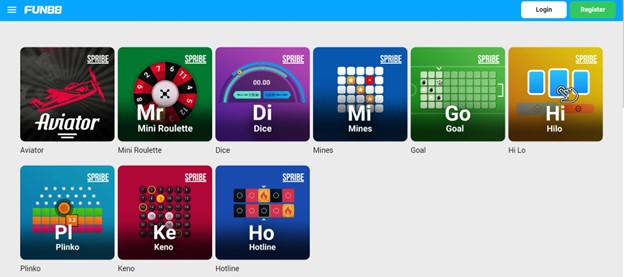A screenshot showing a list of crash games available on Fun88