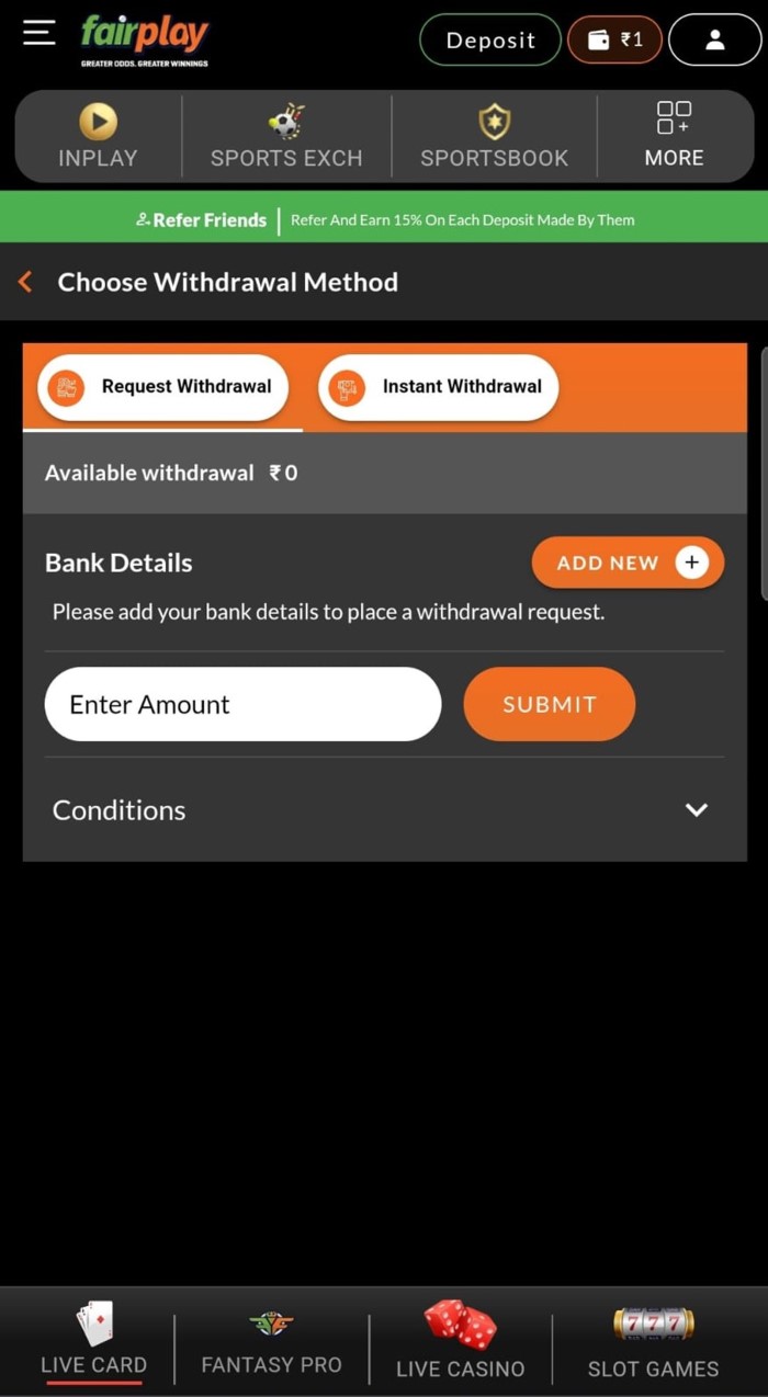 Screenshot showing the Withdrawal section on Fairplay