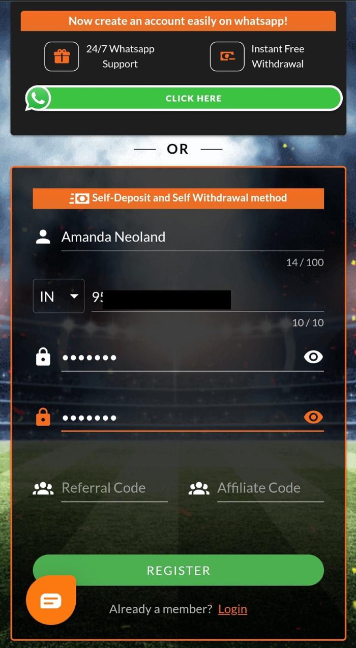 Screenshot of an example of an account registration on Fairplay