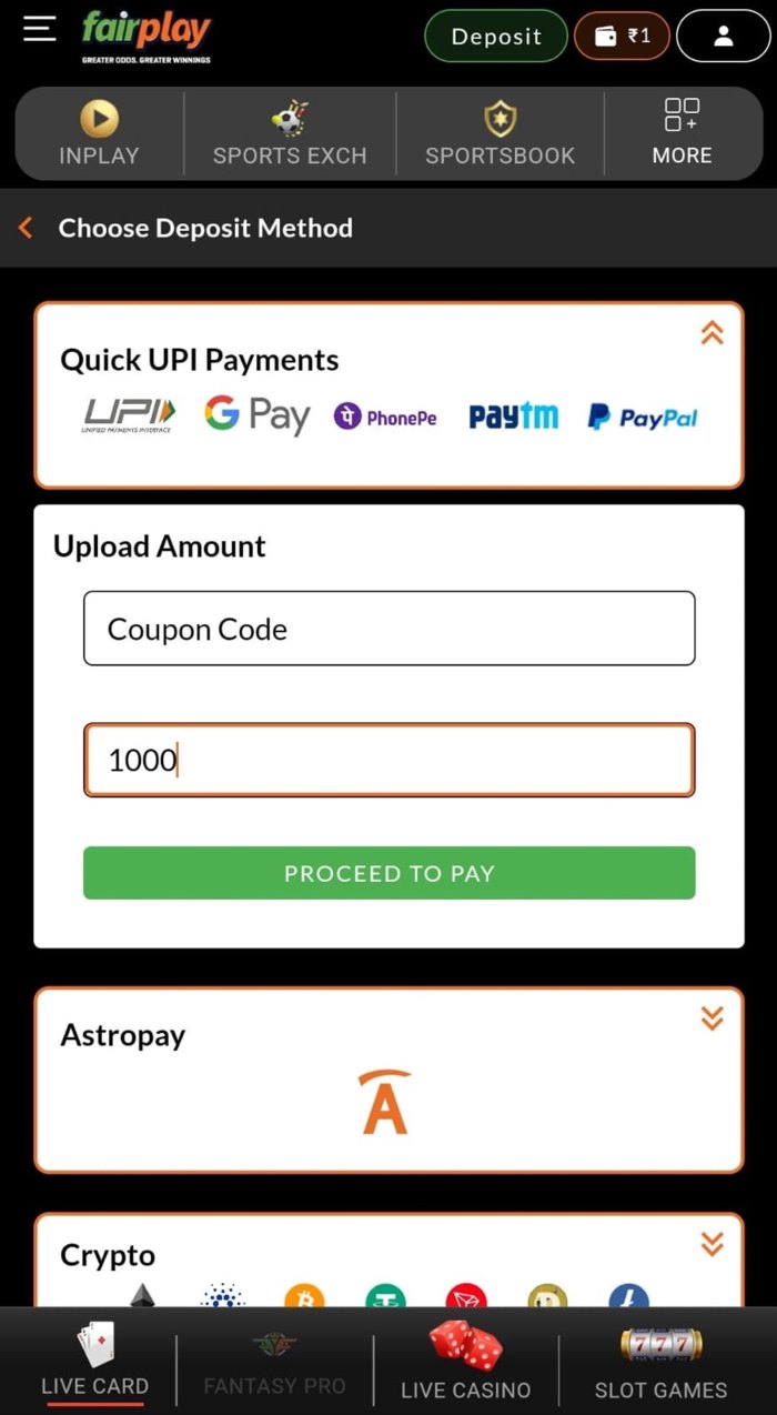 Screenshot of the Deposit Methods on Fairplay