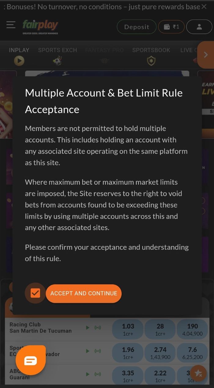 Screenshot of the registration T&Cs at Fairplay