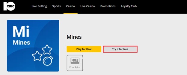 Free demo option on Mines game on 10cric