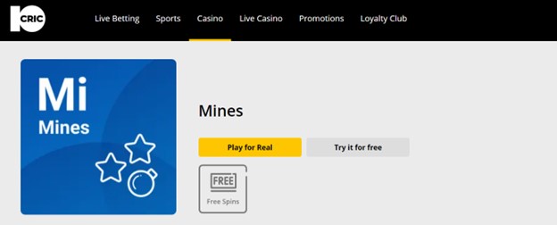 a screenshot showing mi mines game on 10cric casino