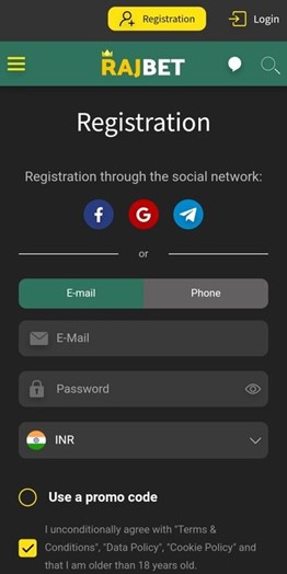 A screenshot showing registration screen on rajbet mobile app