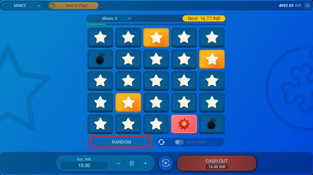 A screenshot showing random option on Spribe's mine game