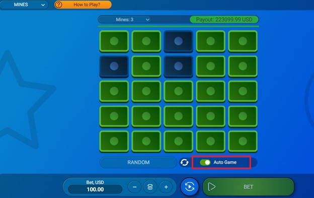 A screenshot showing auto game option on Spribe's mine game