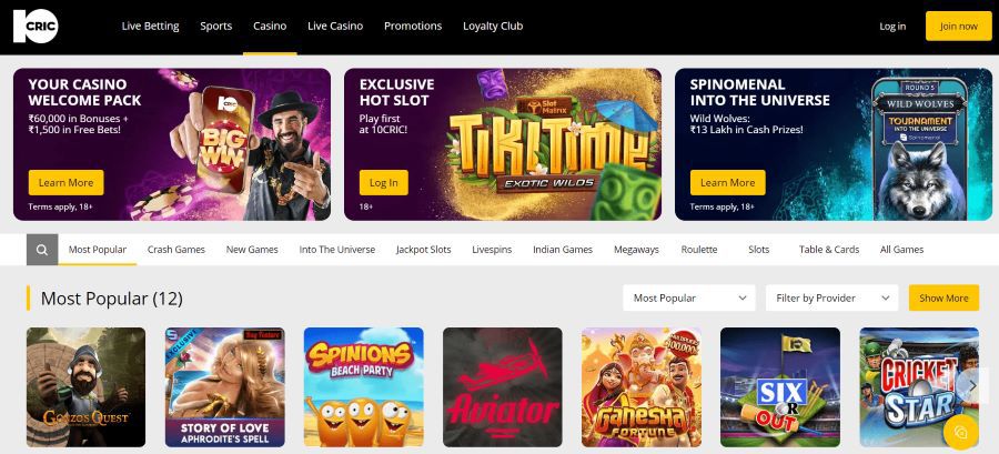 Screenshot of the Most Popular games at 10CRIC Casino, an online casino in Bangladesh.