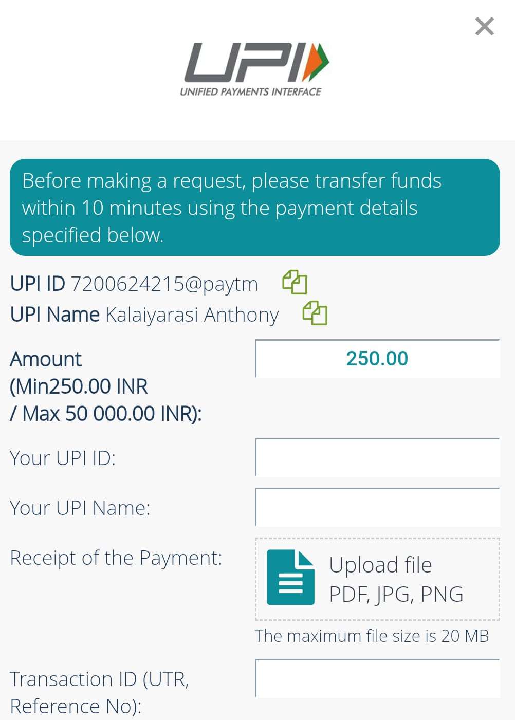 Screenshot of a deposit made with UPI on the 22Bet app.