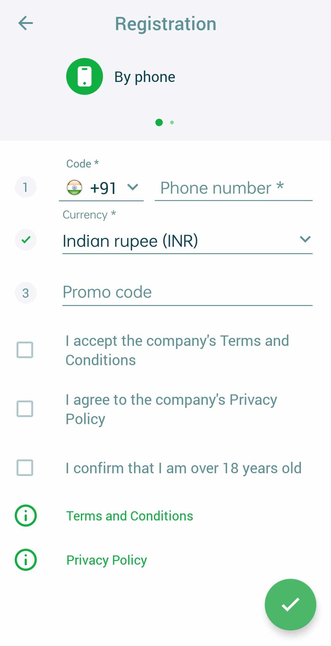 Screenshot showing where to fill in your personal details during registration by phone on the 22Bet app.