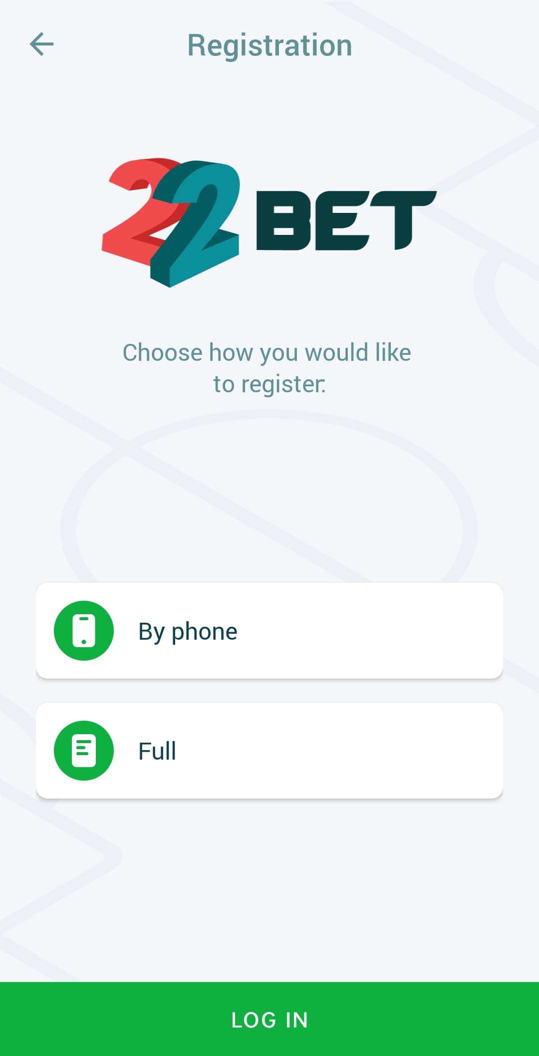 Screenshot of the 22Bet Registration section, choose from phone or full registration.