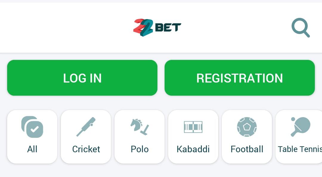 Screenshot of the Registration section on the 22Bet application.
