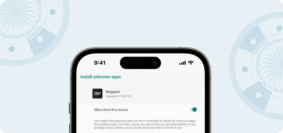 Screenshot asking to install unknown apps when downloading the Megapari app.