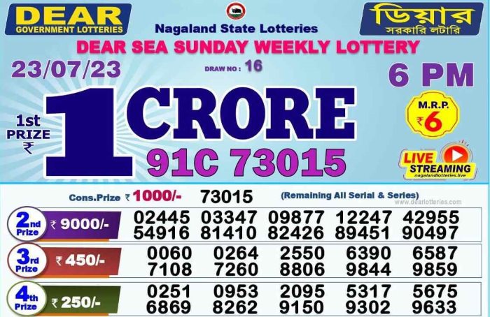 Screenshot of the DEAR SEA SUNDAY WEEKLY LOTTERY from the Nagaland State Lotteries, for the week starting 23.07.2023